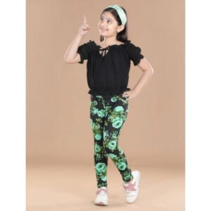 Girl's Cotton Lycra Floral Elasticated Jeggings (Black-Green)