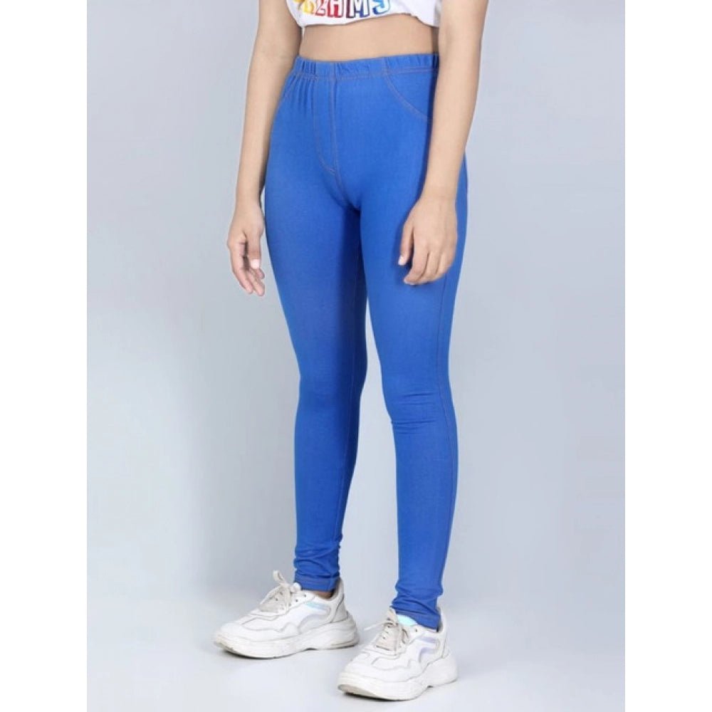 Girl's Cotton Lycra Solid Elasticated Jeggings (Blue) - Image 3