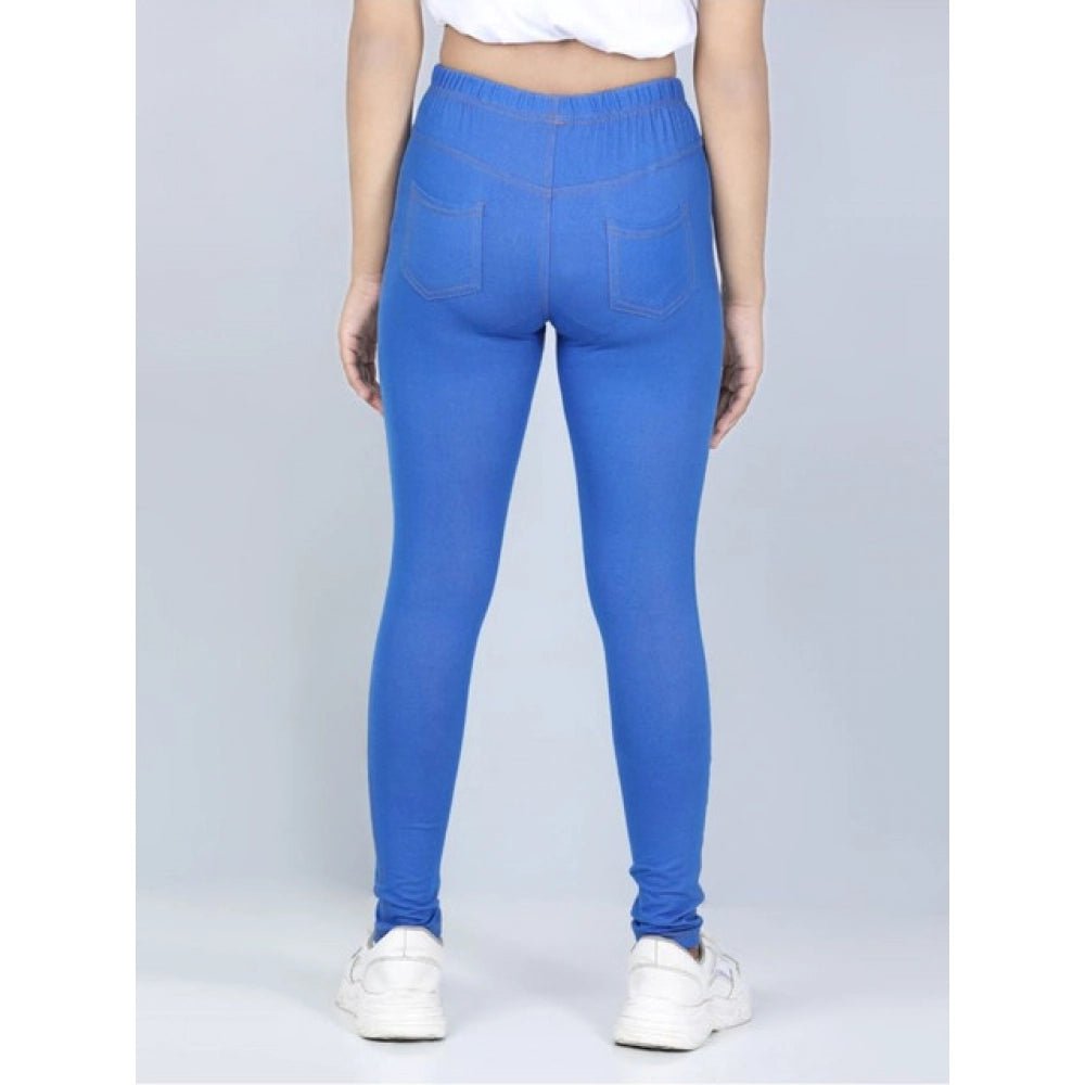 Girl's Cotton Lycra Solid Elasticated Jeggings (Blue) - Image 4