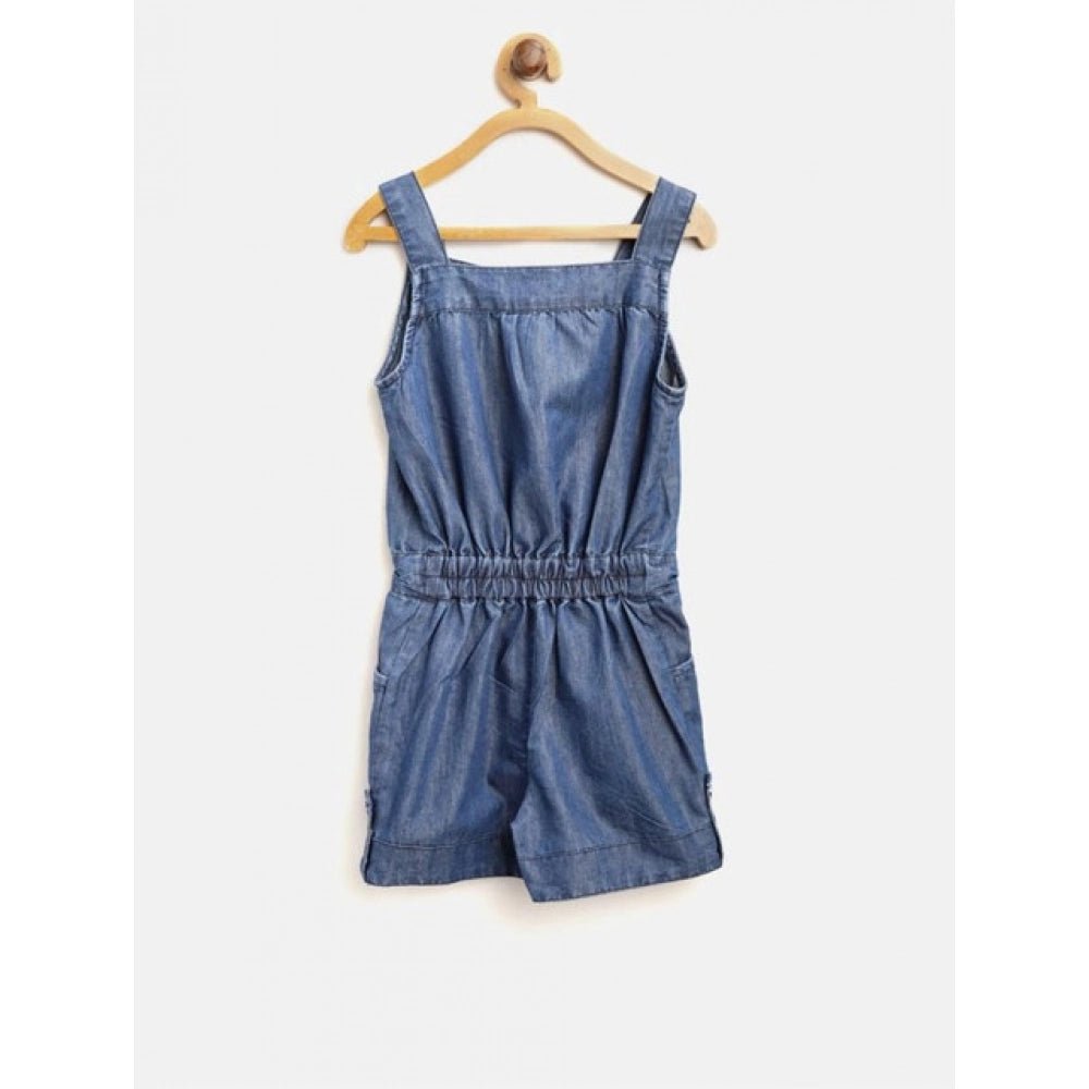 Girl's Denim Embroidered Sleeveless Jumpsuit (Blue) - Image 2