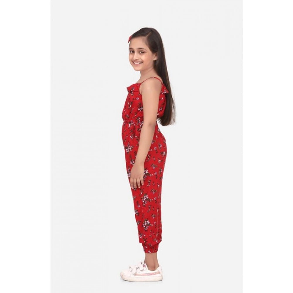 Girl's Rayon Floral Sleeveless Jumpsuit (Red) - Image 3