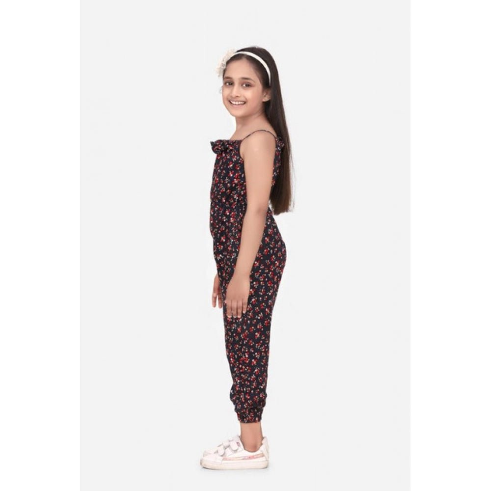 Girl's Rayon Floral Sleeveless Jumpsuit (Black-Red) - Image 3