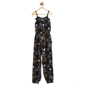 Girl's Rayon Floral Sleeveless Jumpsuit (Black-Pink)
