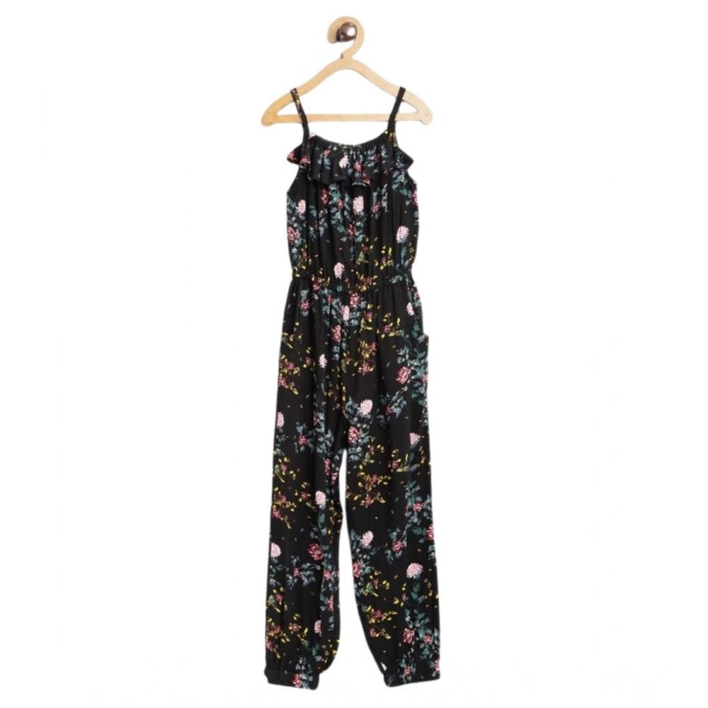 Girl's Rayon Floral Sleeveless Jumpsuit (Black-Pink)