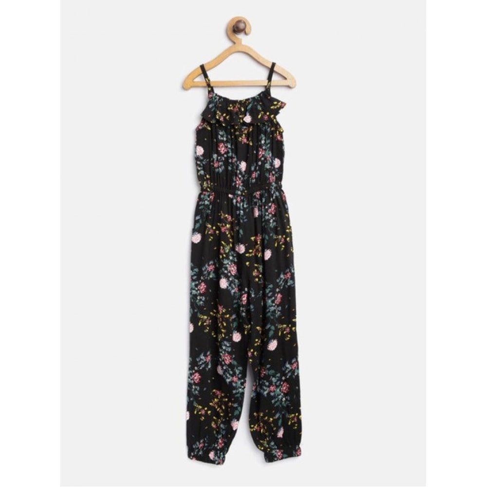Girl's Rayon Floral Sleeveless Jumpsuit (Black-Pink) - Image 2