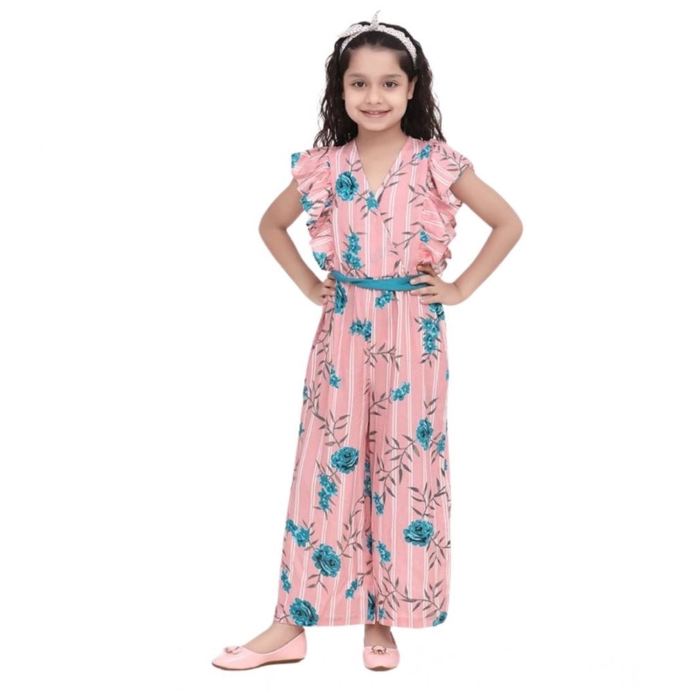 Girl's Rayon Floral Flutter Jumpsuit (Pink-Blue) - Image 2