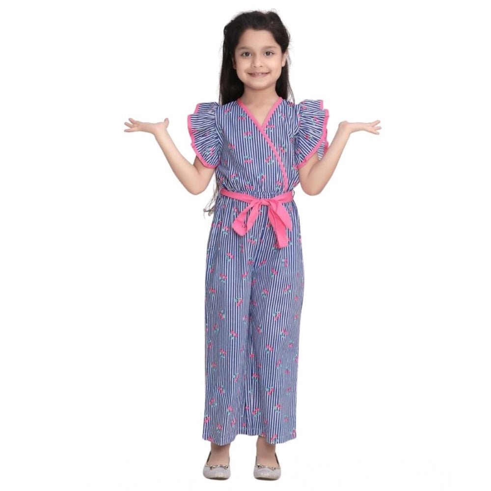 Girl's Cotton Striped Flutter Jumpsuit (Blue-Pink) - Image 2