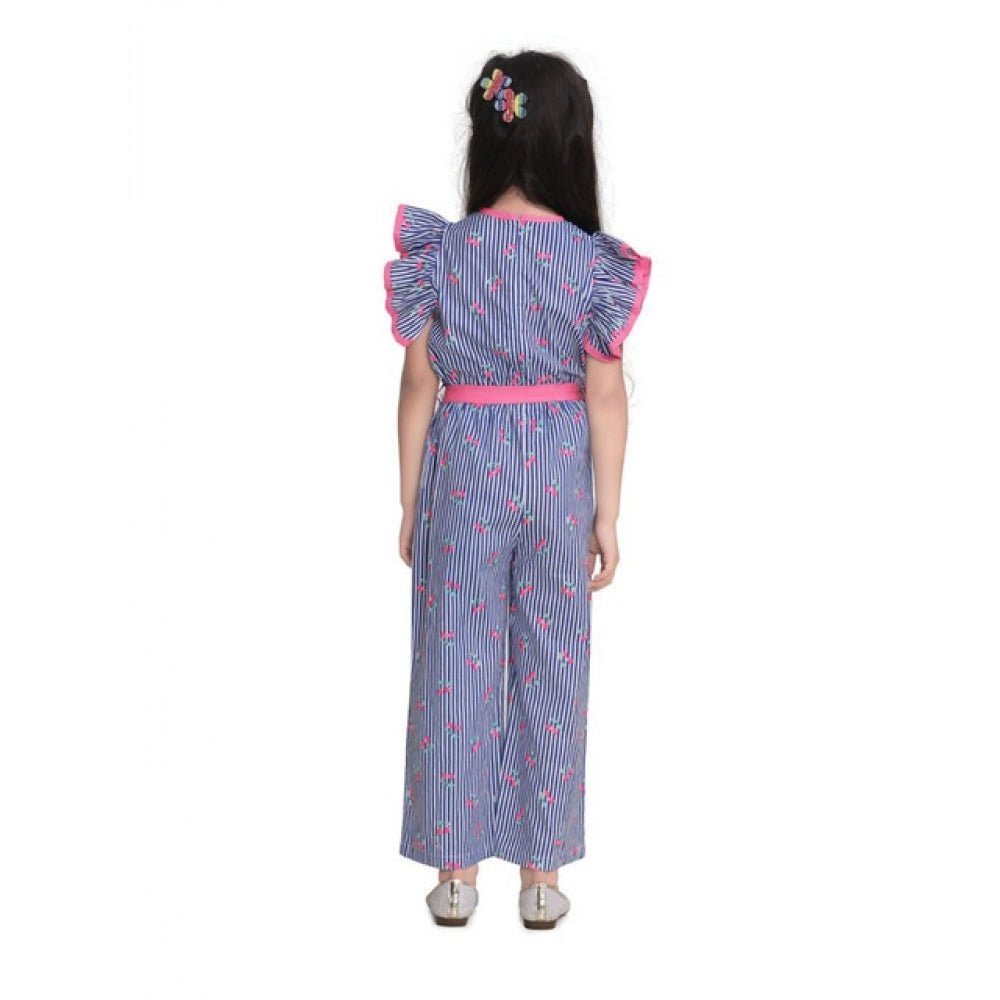 Girl's Cotton Striped Flutter Jumpsuit (Blue-Pink) - Image 3