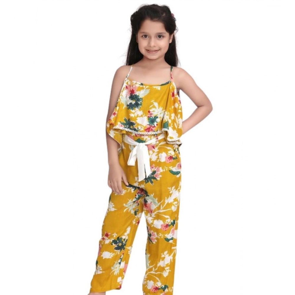 Girl's Rayon Floral Shoulder Straps Jumpsuit (Mustard) - Image 2