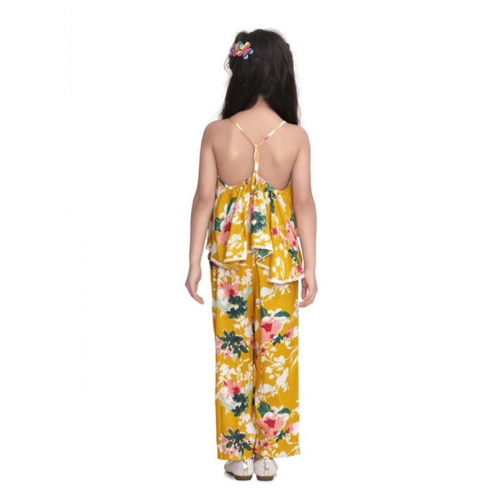 Girl's Rayon Floral Shoulder Straps Jumpsuit (Mustard) - Image 3