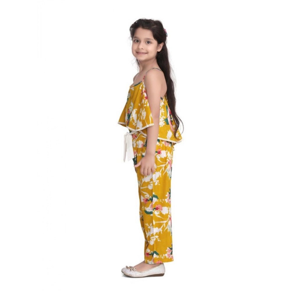 Girl's Rayon Floral Shoulder Straps Jumpsuit (Mustard) - Image 4