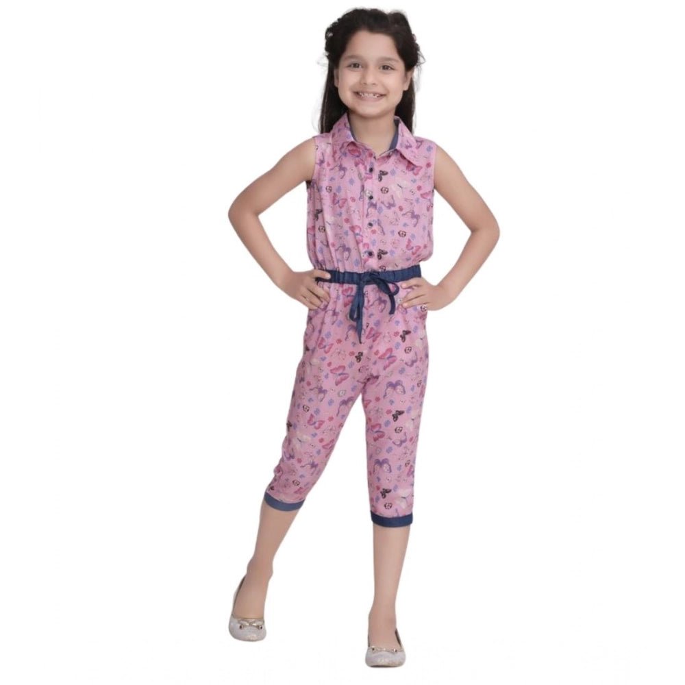 Girl's Cotton Printed Sleeveless Jumpsuit (Pink) - Image 2