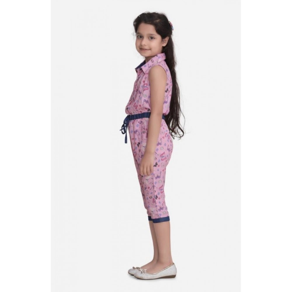 Girl's Cotton Printed Sleeveless Jumpsuit (Pink) - Image 4