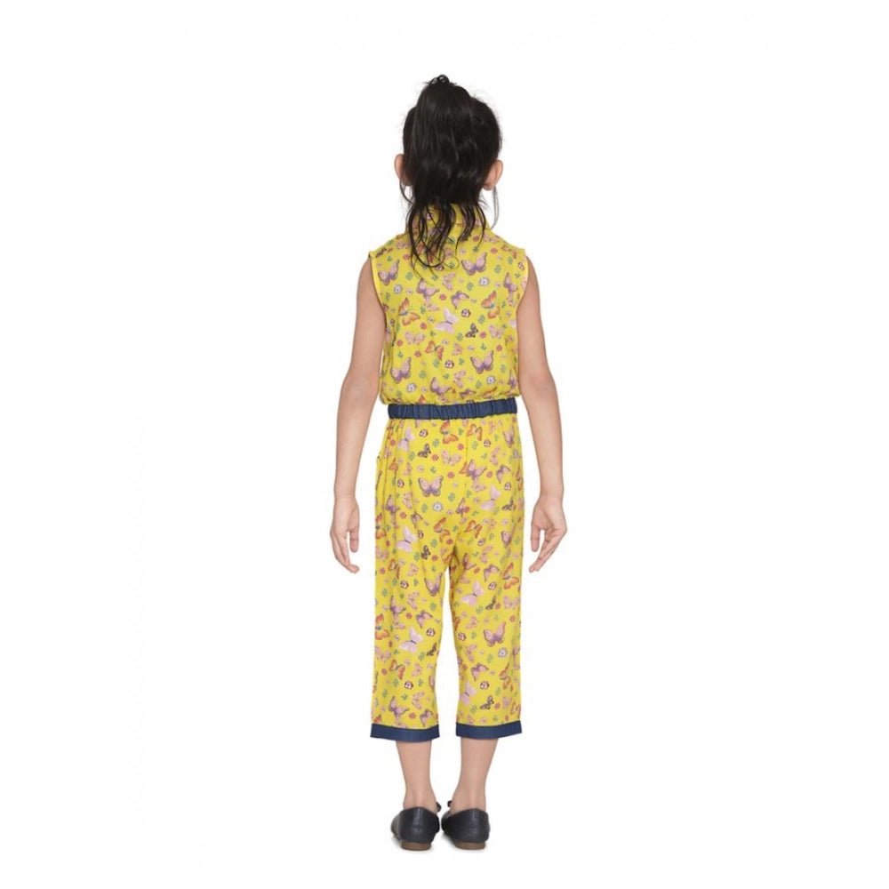 Girl's Cotton Printed Sleeveless Jumpsuit (Yellow) - Image 3