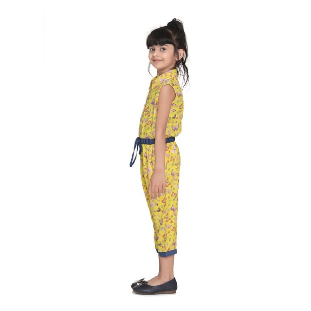 Girl's Cotton Printed Sleeveless Jumpsuit (Yellow) - Image 4
