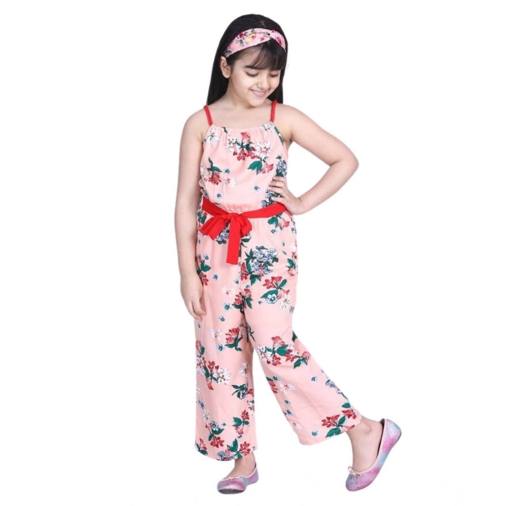 Girl's Polyester Crepe Floral Shoulder Straps Jumpsuit (Peach-Red) - Image 2