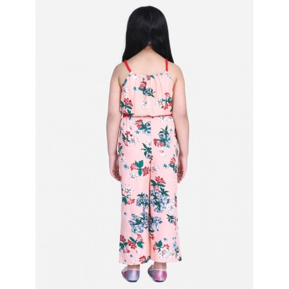 Girl's Polyester Crepe Floral Shoulder Straps Jumpsuit (Peach-Red) - Image 3
