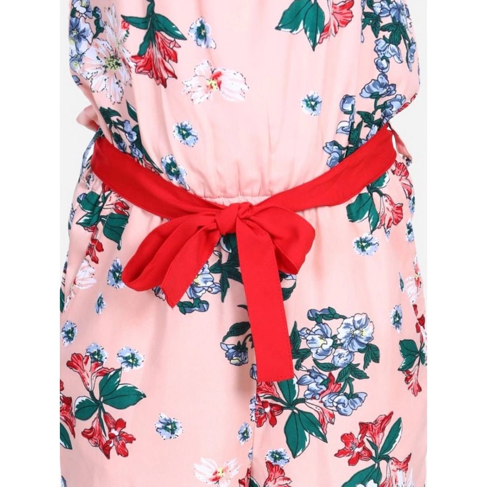 Girl's Polyester Crepe Floral Shoulder Straps Jumpsuit (Peach-Red) - Image 4