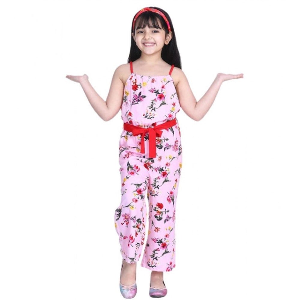 Girl's Polyester Crepe Floral Shoulder Straps Jumpsuit (Pink-Red) - Image 2