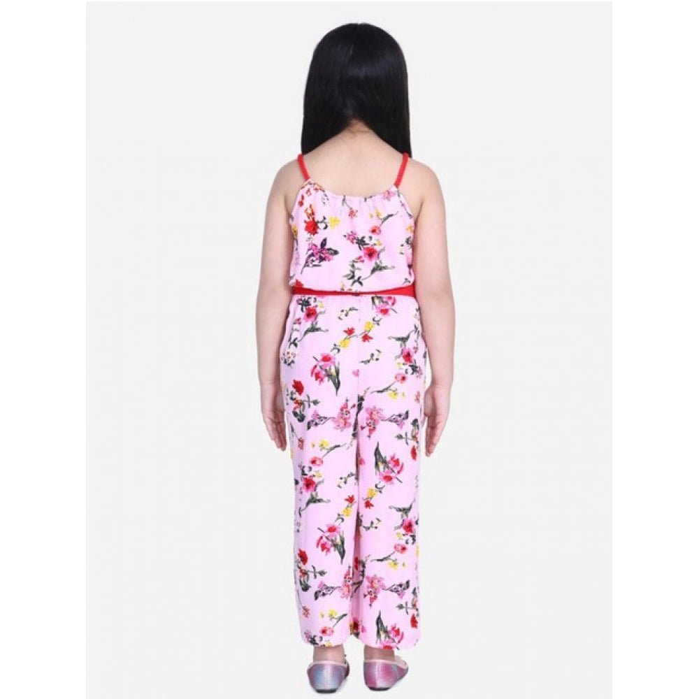 Girl's Polyester Crepe Floral Shoulder Straps Jumpsuit (Pink-Red) - Image 3