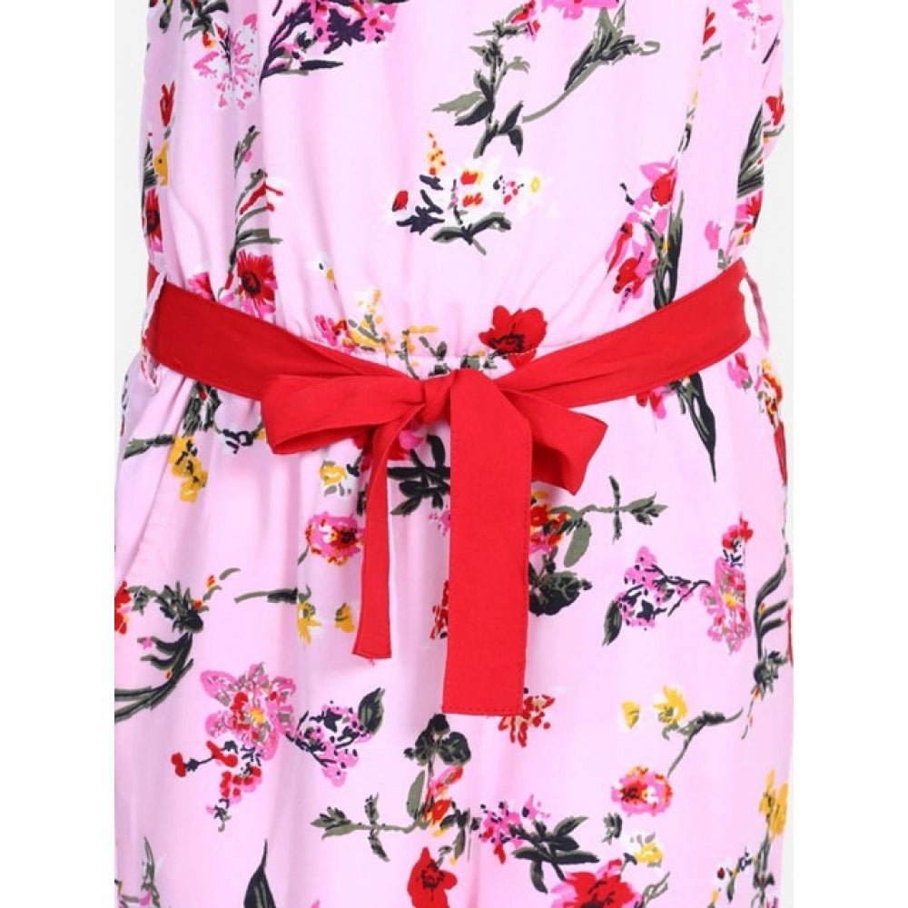 Girl's Polyester Crepe Floral Shoulder Straps Jumpsuit (Pink-Red) - Image 4