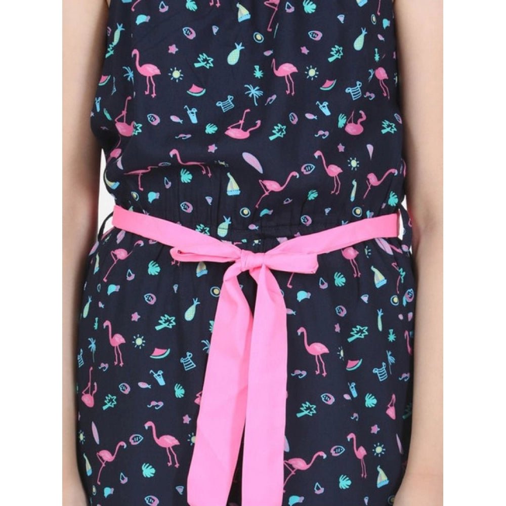 Girl's Rayon Flamingo Print Sleeveless Jumpsuit (Black-Pink) - Image 4