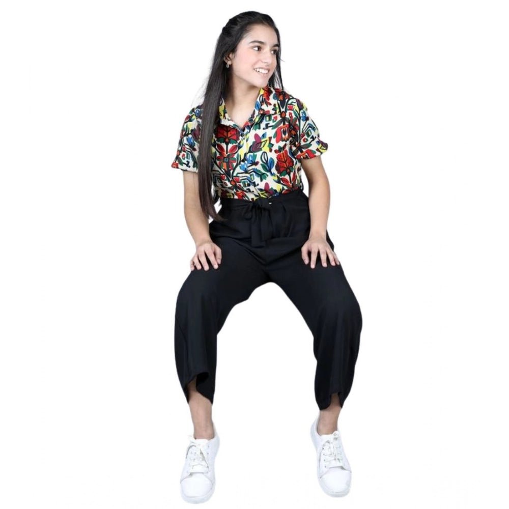 Girl's Polyester Printed Short Sleeves Jumpsuit (Multicolor-Black) - Image 2