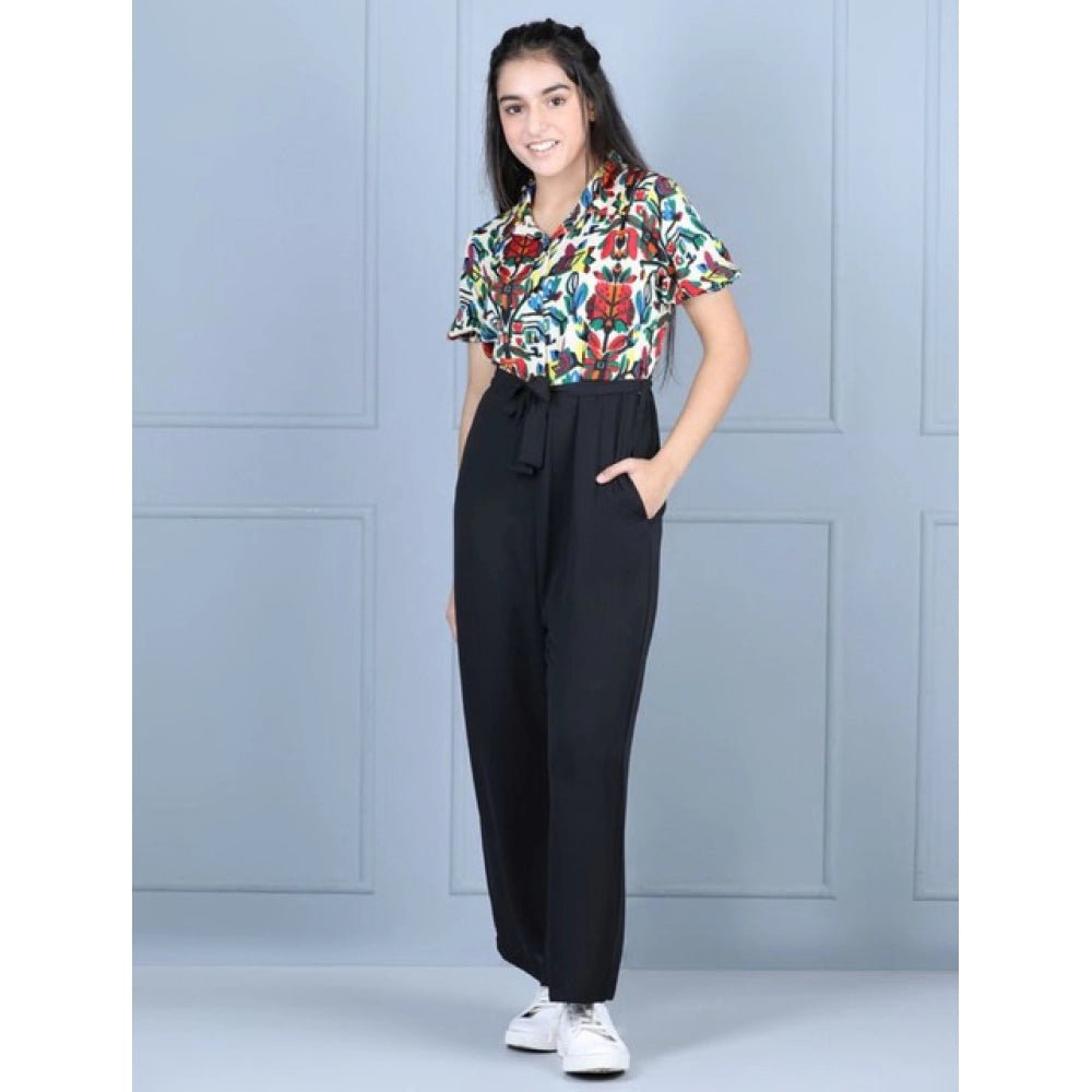 Girl's Polyester Printed Short Sleeves Jumpsuit (Multicolor-Black) - Image 3