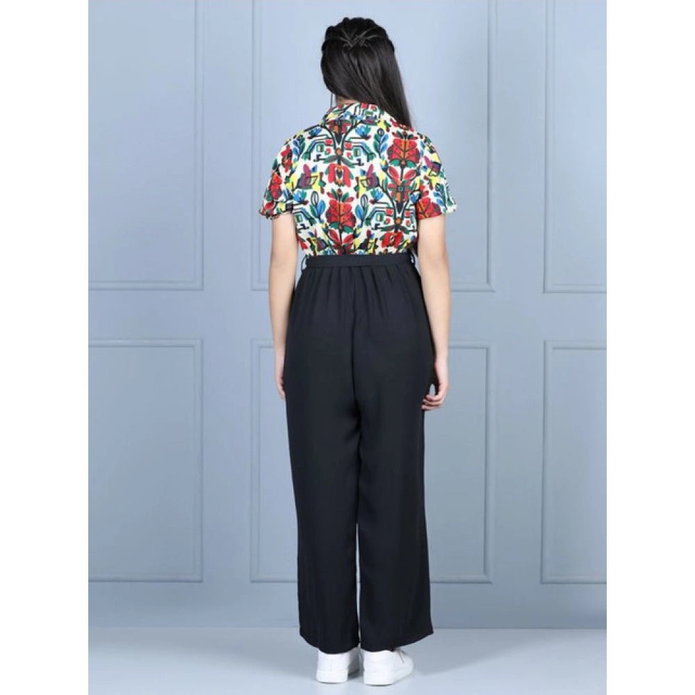 Girl's Polyester Printed Short Sleeves Jumpsuit (Multicolor-Black) - Image 4