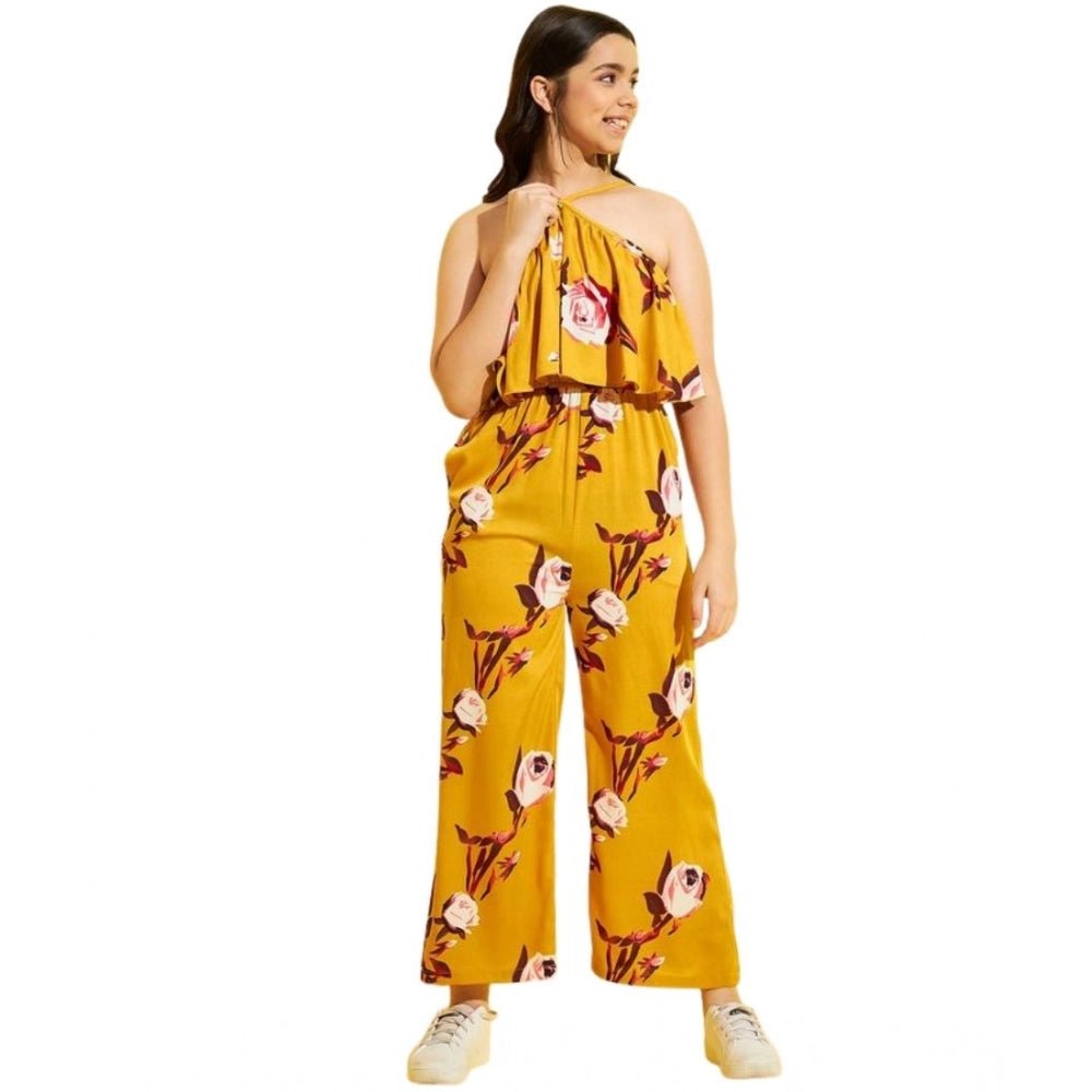 Girl's Polyester Crepe Floral Sleeveless Jumpsuit (Mustard) - Image 2