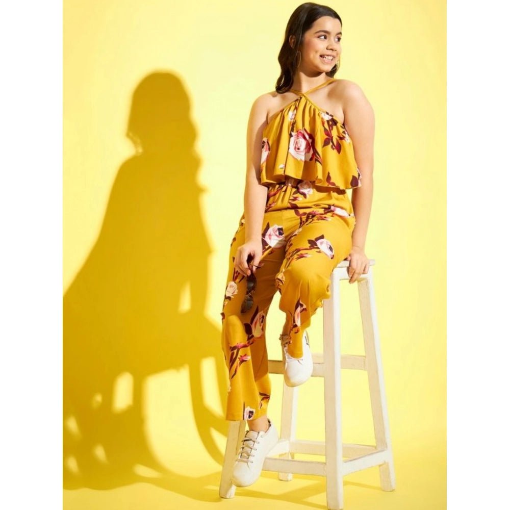 Girl's Polyester Crepe Floral Sleeveless Jumpsuit (Mustard) - Image 3