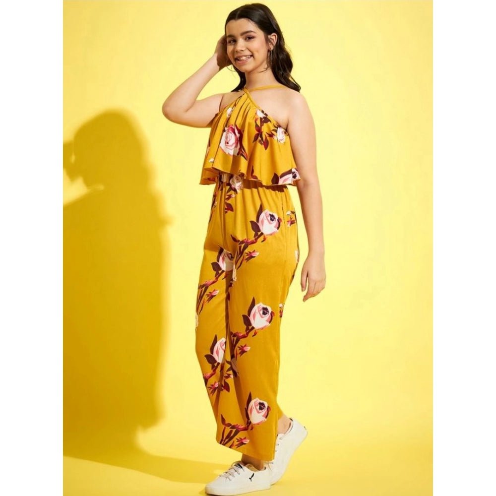 Girl's Polyester Crepe Floral Sleeveless Jumpsuit (Mustard) - Image 4