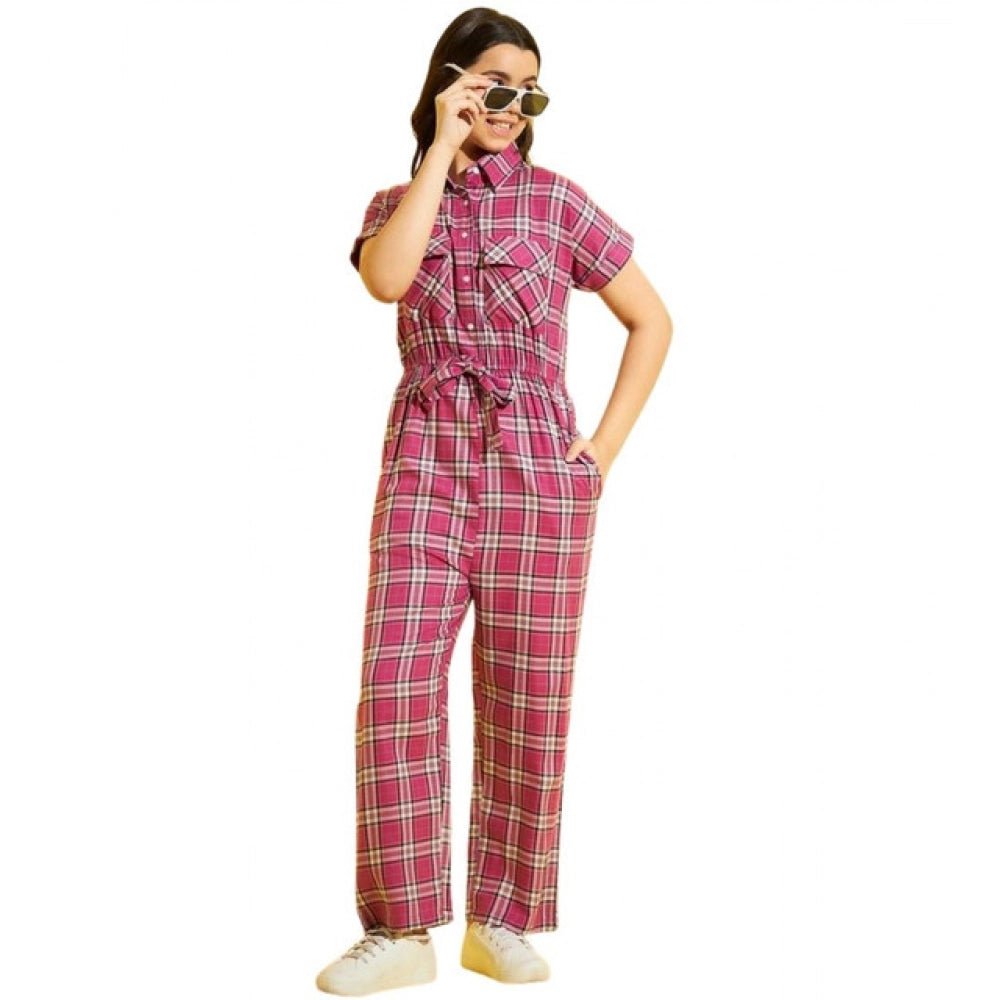 Girl's Cotton Checkered Short Sleeves Jumpsuit (Pink) - Image 2
