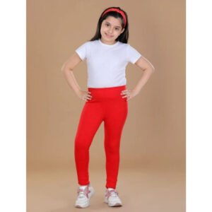 Girl's Cotton Lycra Solid Elasticated Leggings (Red)