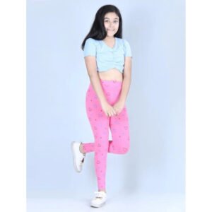 Girl's Cotton Lycra Printed Elasticated Leggings (Light Pink)