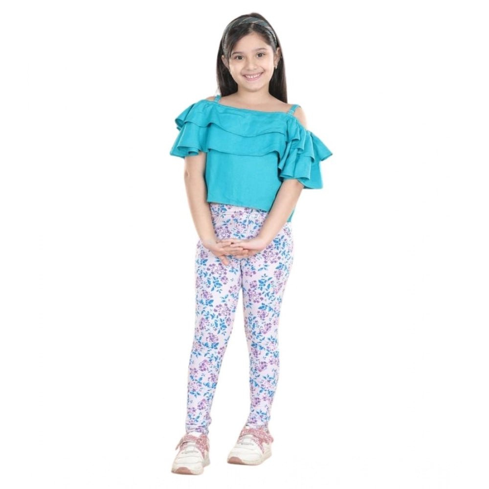 Girl's Cotton Floral Elasticated Jegging and Top Set (Turquoise Blue) - Image 2