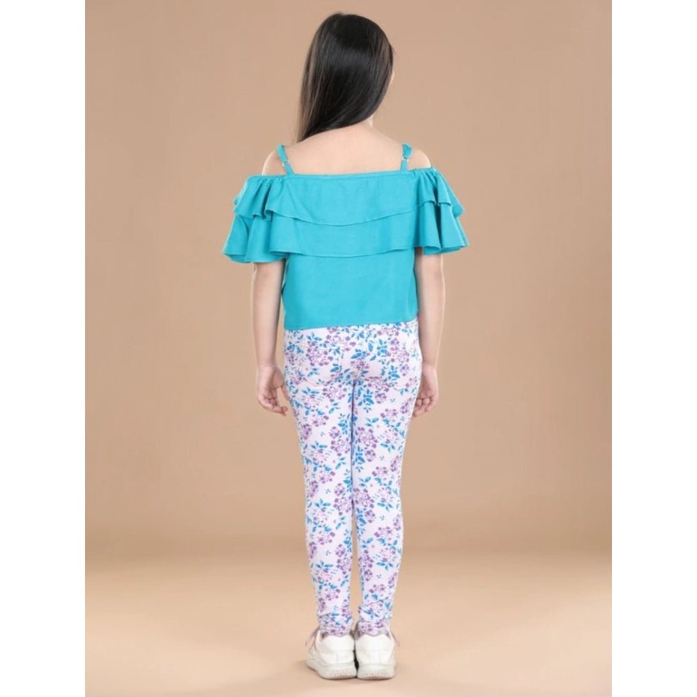 Girl's Cotton Floral Elasticated Jegging and Top Set (Turquoise Blue) - Image 3