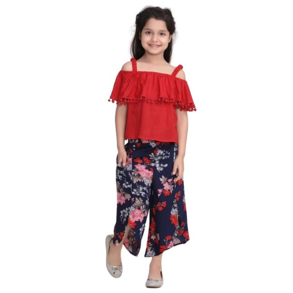 Girl's Rayon Crepe Printed Cold Shoulder Top and Pants Set (Red-Navy) - Image 2