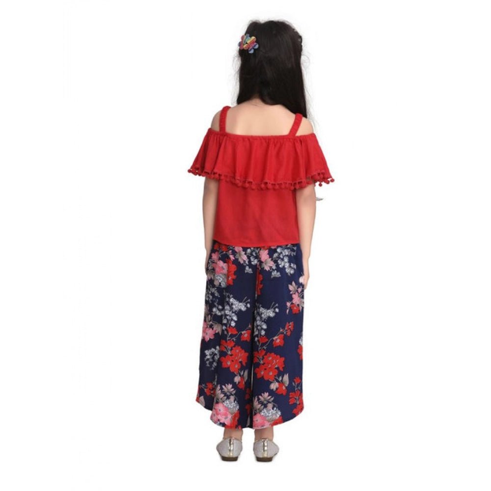 Girl's Rayon Crepe Printed Cold Shoulder Top and Pants Set (Red-Navy) - Image 3