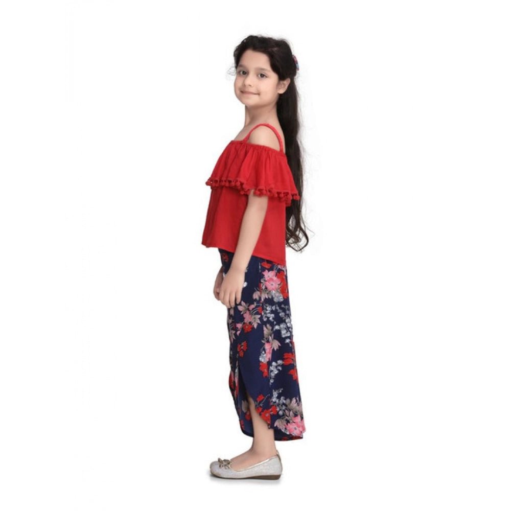 Girl's Rayon Crepe Printed Cold Shoulder Top and Pants Set (Red-Navy) - Image 4