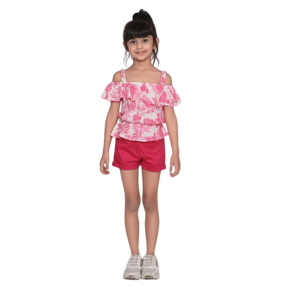 Girl's Cotton Floral Cold Shoulder Top and Shorts Set (Pink-Red) - Image 2