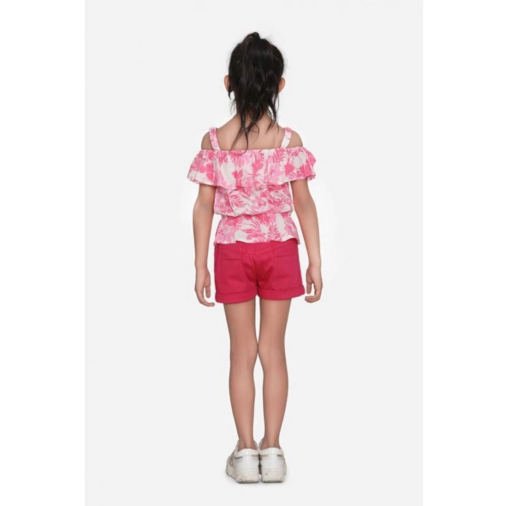 Girl's Cotton Floral Cold Shoulder Top and Shorts Set (Pink-Red) - Image 3