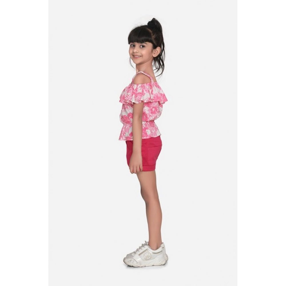 Girl's Cotton Floral Cold Shoulder Top and Shorts Set (Pink-Red) - Image 4