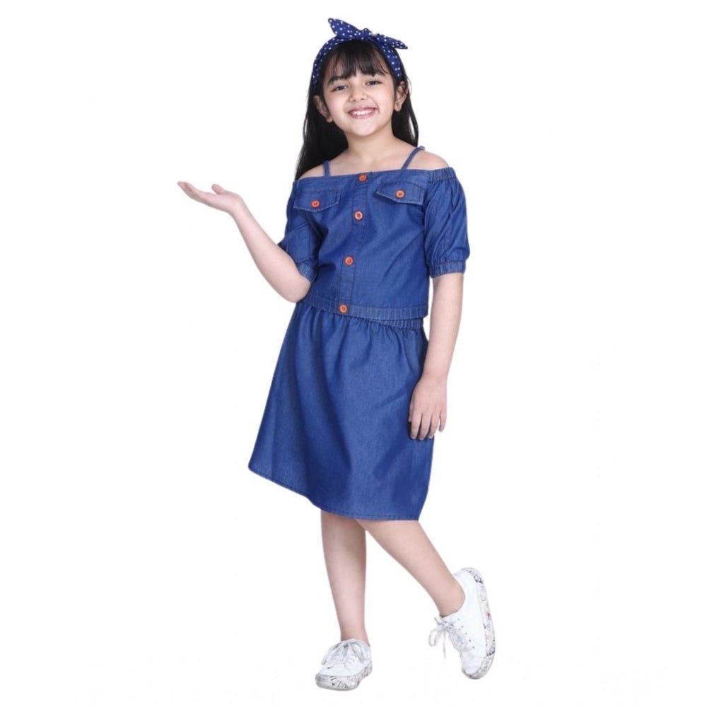 Girl's Denim Solid Cold Shoulder Top and Skirt Set (Navy Blue) - Image 2