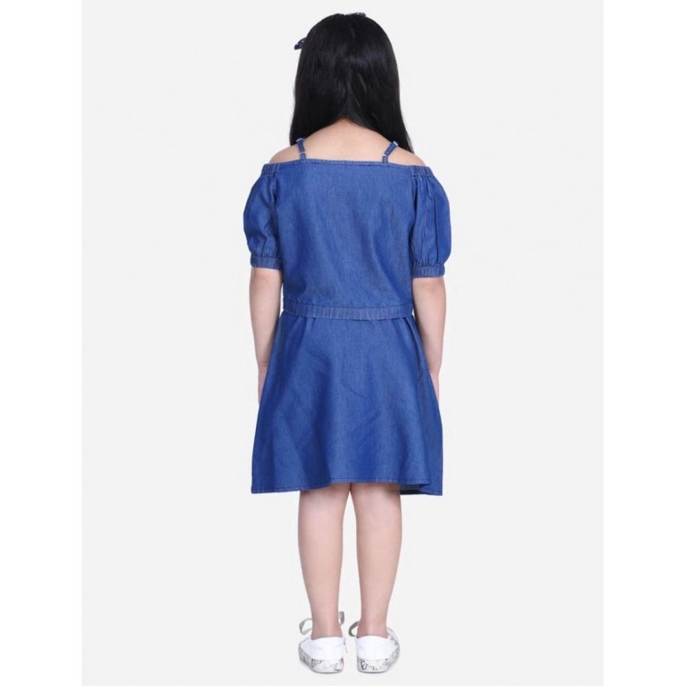 Girl's Denim Solid Cold Shoulder Top and Skirt Set (Navy Blue) - Image 3