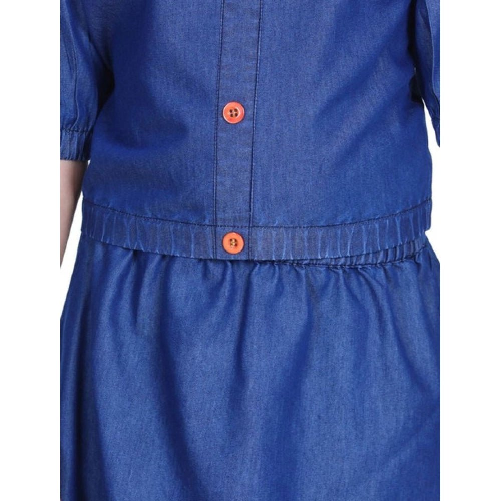 Girl's Denim Solid Cold Shoulder Top and Skirt Set (Navy Blue) - Image 4
