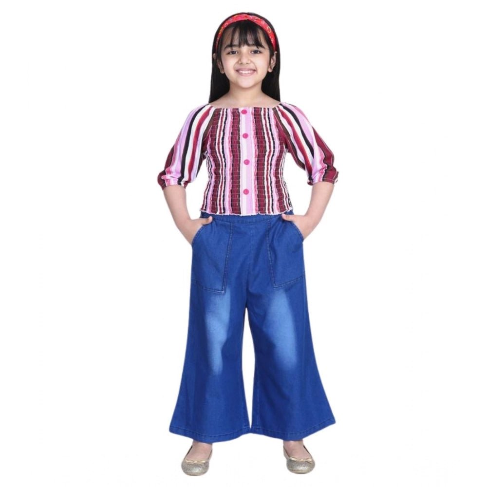 Girl's Rayon Solid Bell Sleeve Top with Culottes (Purple-Blue) - Image 2