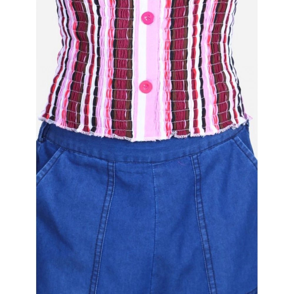 Girl's Rayon Solid Bell Sleeve Top with Culottes (Purple-Blue) - Image 4