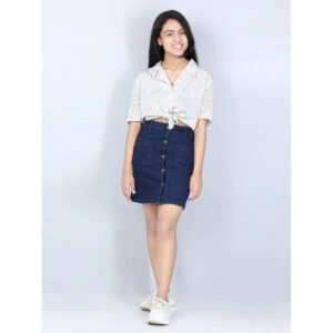 Girl's Denim Solid Buttoned Skirt (Navy Blue)