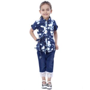 Girl's Denim Tie ; Dye Short Sleeve Top (Blue-White)